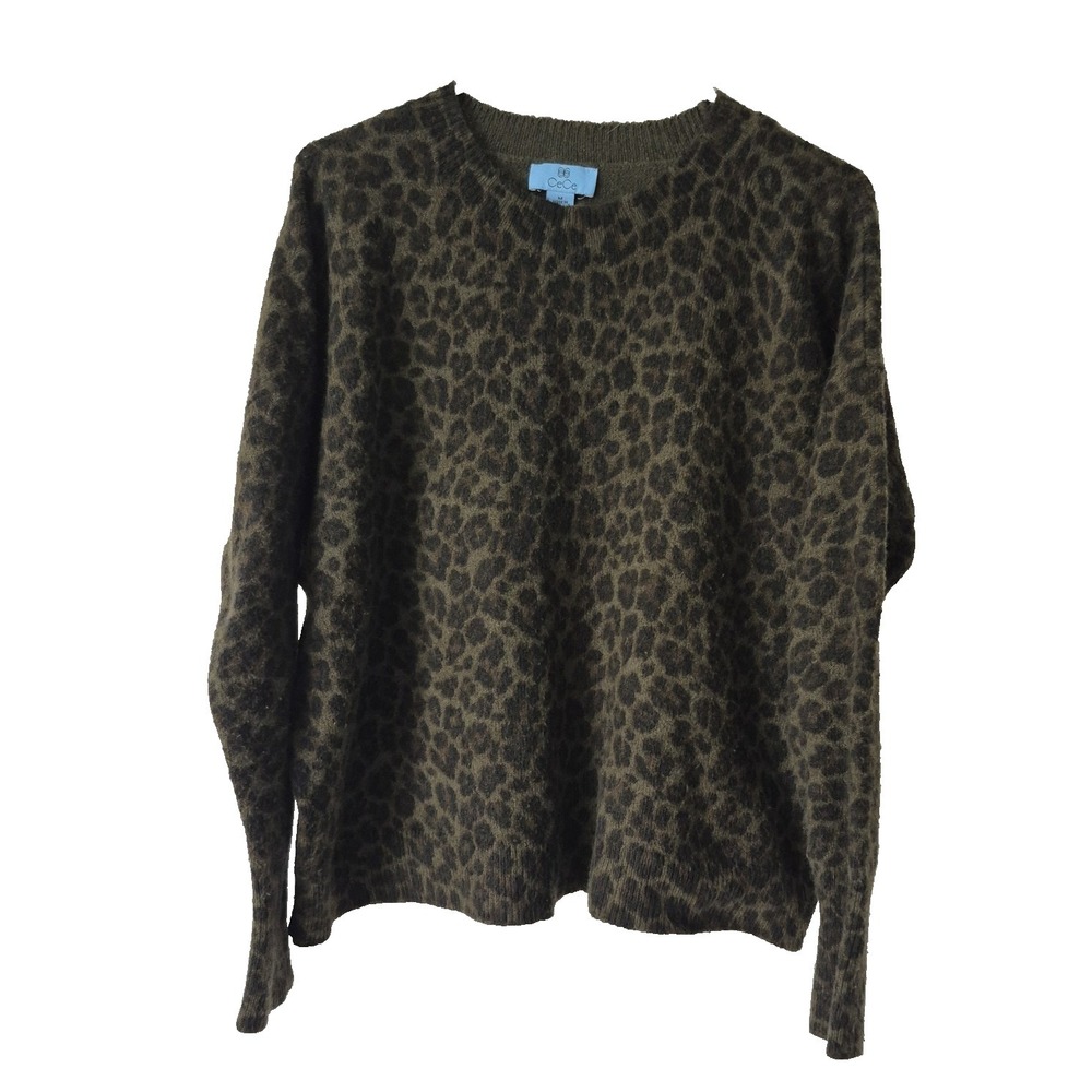 CeCe Sweater Womens Medium Brown Leopard Animal‎ Print Crewneck Pullover